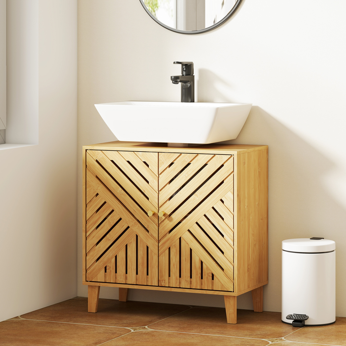 HOMCOM Bamboo Bathroom Under Sink Cabinet with Adjustable Shelf & U-Shape Cut-Out – Nordic Style, Natural