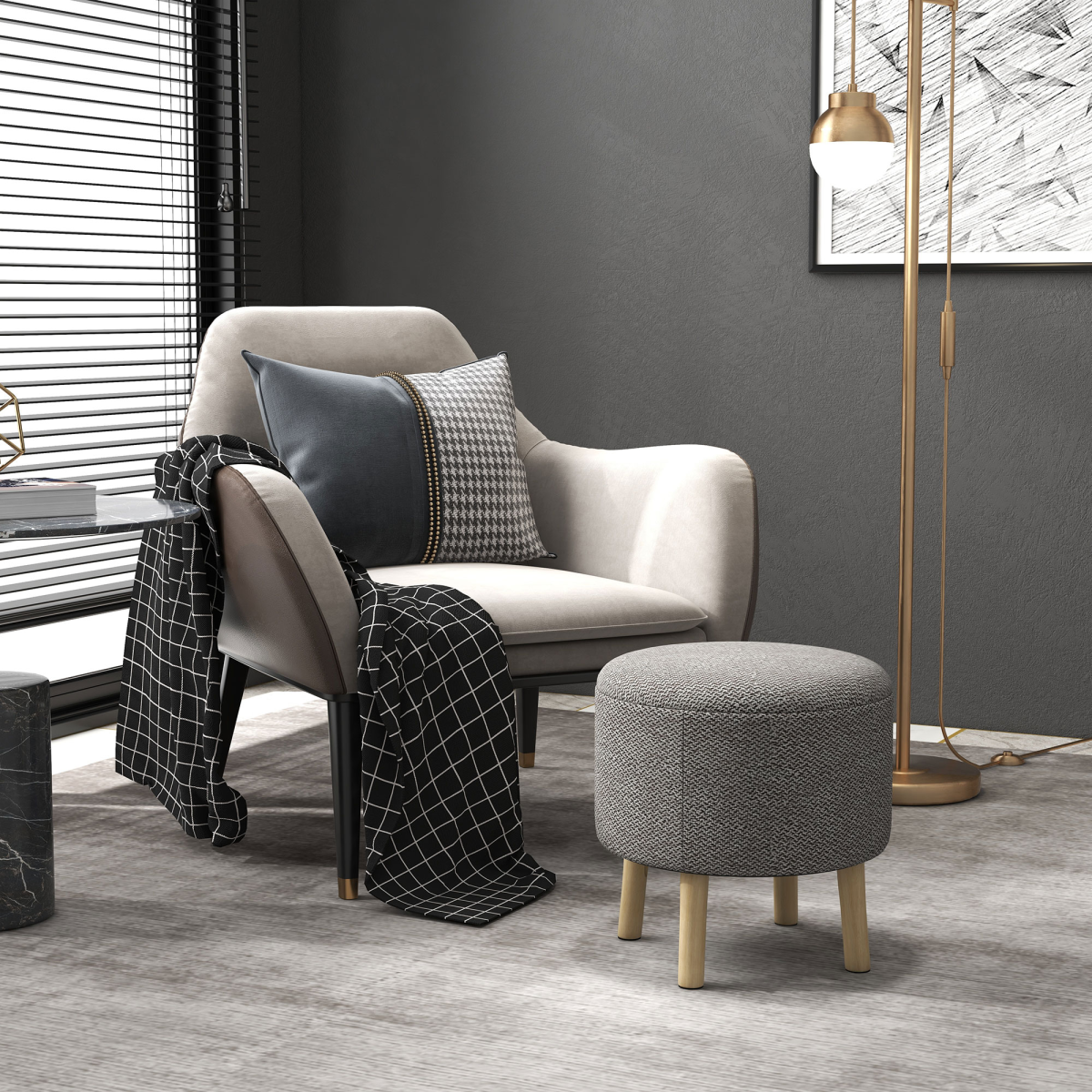 HOMCOM Round Storage Ottoman with Cushioned Top & Hidden Space – Footstool, Light Grey