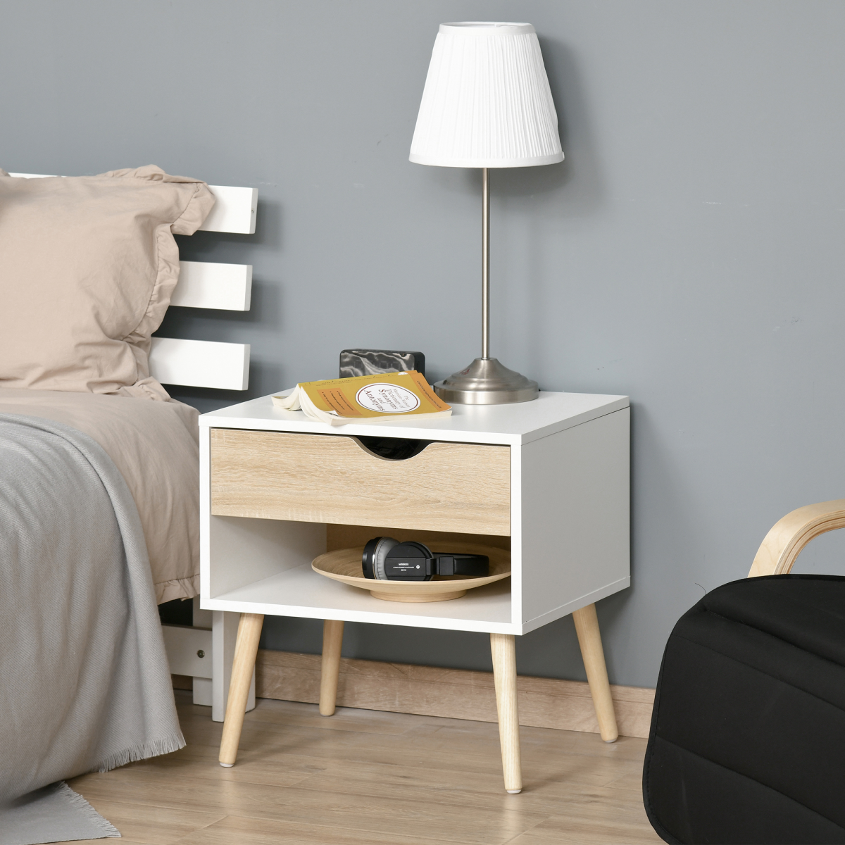 HOMCOM Bedside Table with Drawer and Open Shelf – Modern Nightstand and Side Table with Solid Wood Legs