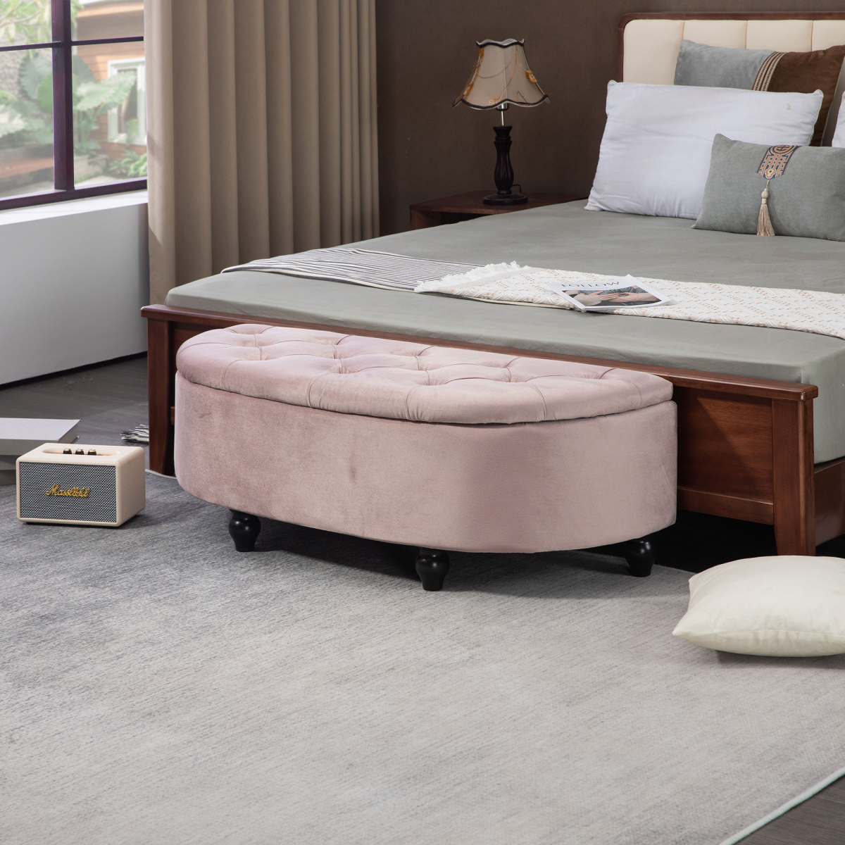 HOMCOM Semi-Circle Tufted Storage Ottoman Bench with Padded Lid – Hidden Storage Seat