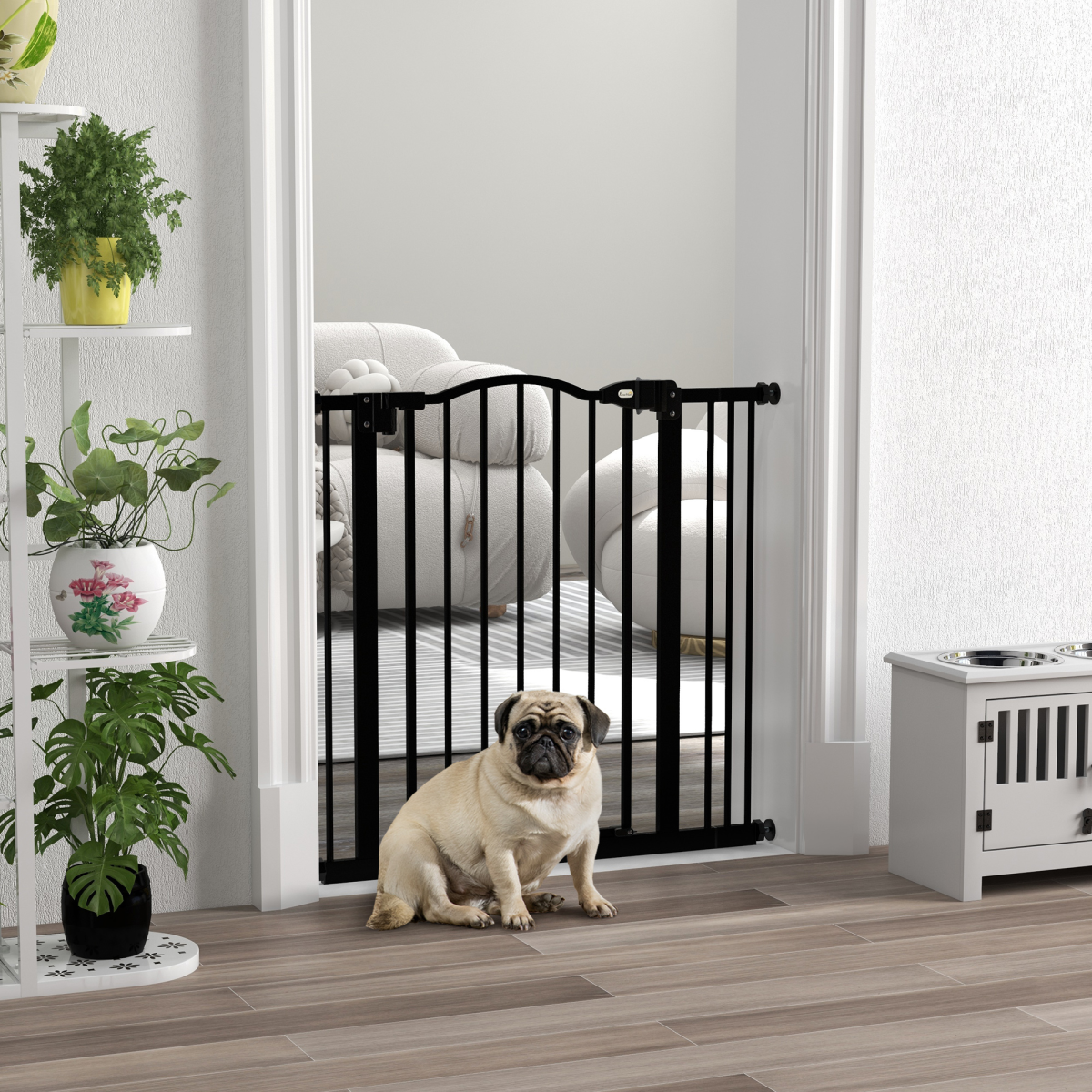PawHut 74-87cm Adjustable Metal Pet Gate with Auto-Close & Double Lock – Safety Barrier for Doors & Stairs, Black