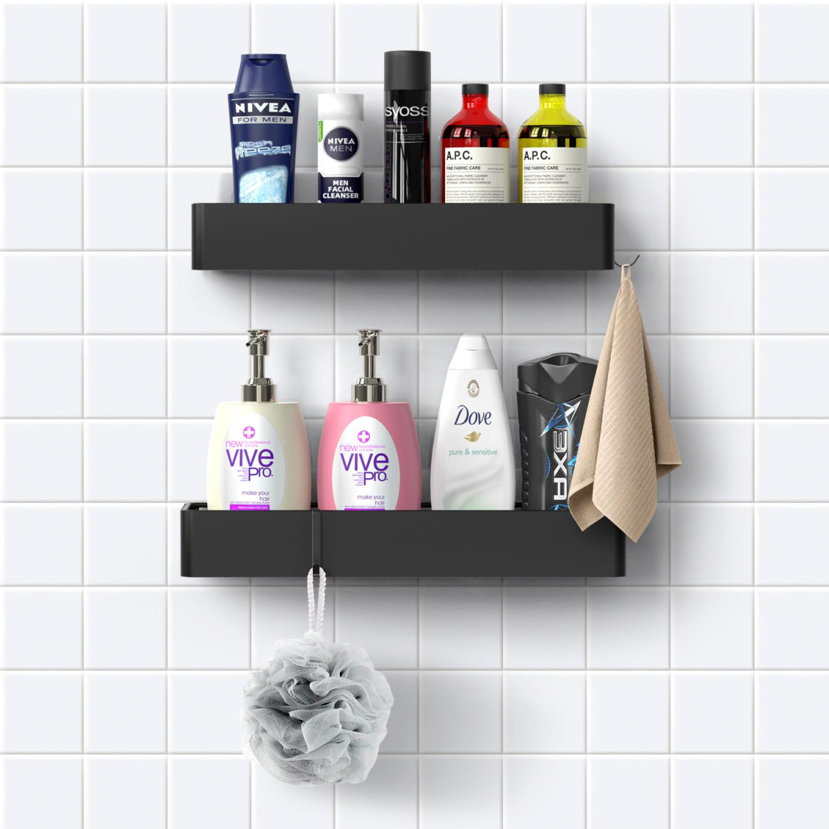 Vinsani 2 Piece Black Stainless Steel Shower Caddy Set – Adhesive No-Drill Bathroom Shelves, Rustproof