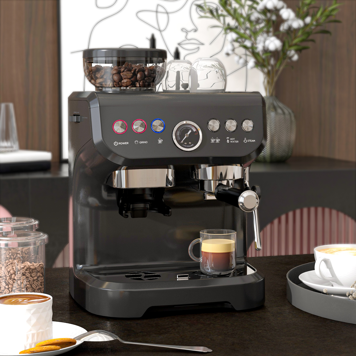 HOMCOM Espresso Coffee Machine with Integrated Bean Grinder & Steam Wand – 15 Bar Pressure, Black