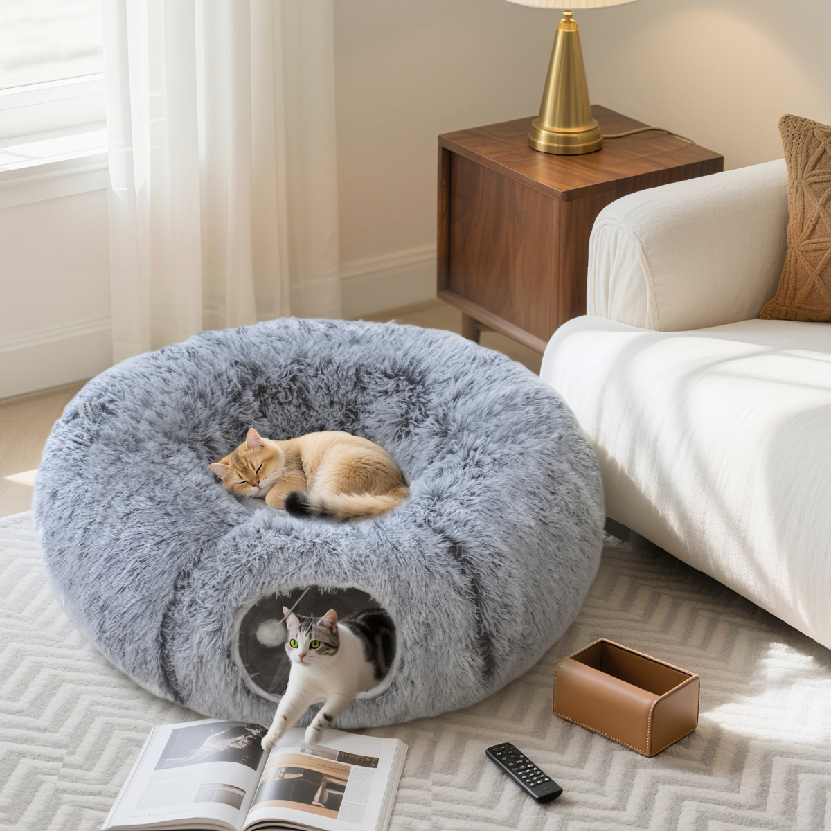 PawHut Donut Cat Play Tunnel Bed with Washable Cushion and Toy Ball – Foldable Pet Tunnel, Light Grey