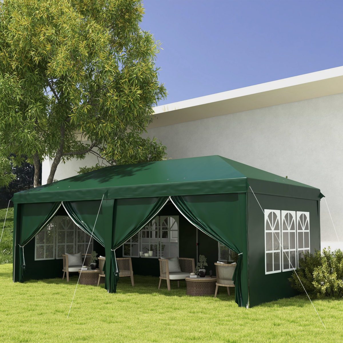 Outsunny 3 x 6m Pop-Up Gazebo Party Tent with 6 Removable Sidewalls & Carry Bag – Steel Frame Marquee, Green