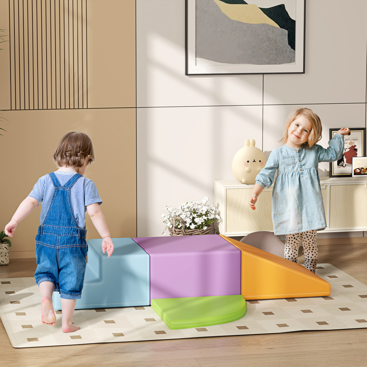 HOMCOM 4 Piece Soft Play Set with Reconfigurable Foam Blocks – Climb, Crawl and Slide Toys for Toddlers