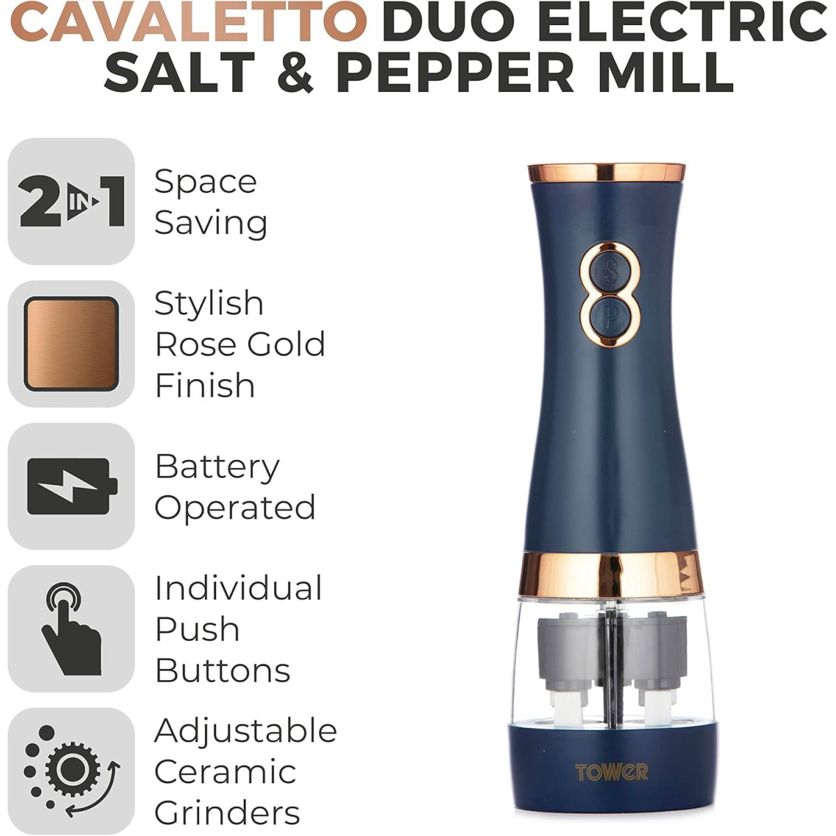 Tower Cavaletto Electric Salt and Pepper Mill Set with Ceramic Grinders – Battery Operated, Midnight Blue