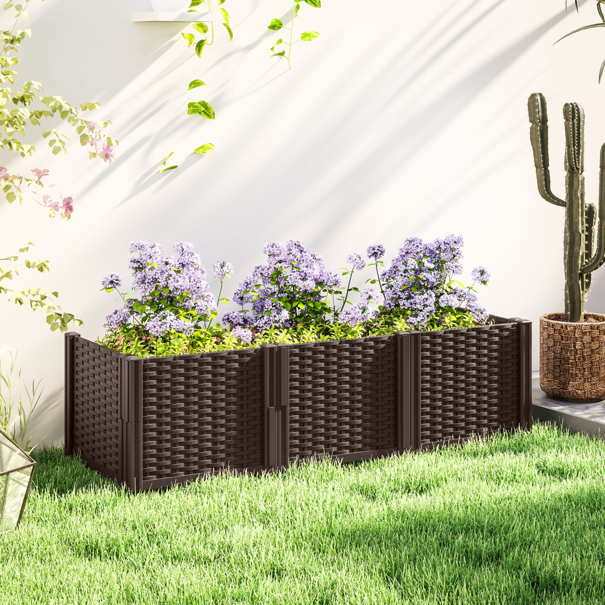 Outsunny Modular Plastic Planter Box Kit – Raised Bed or Garden Fence for Flowers and Herbs, Brown