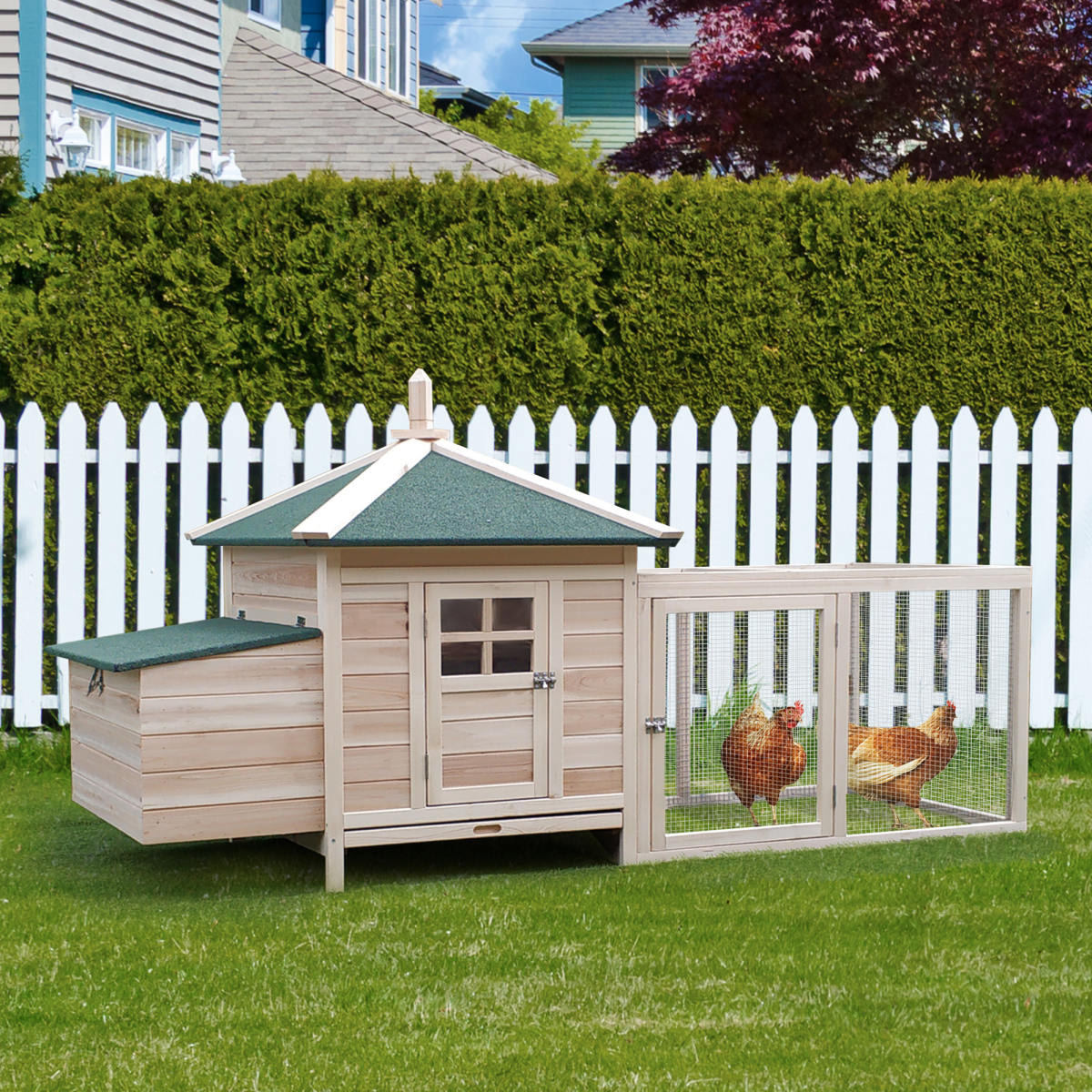 PawHut Wooden Chicken Coop with Nesting Box & Outdoor Run – Small Animal Cage for Backyard