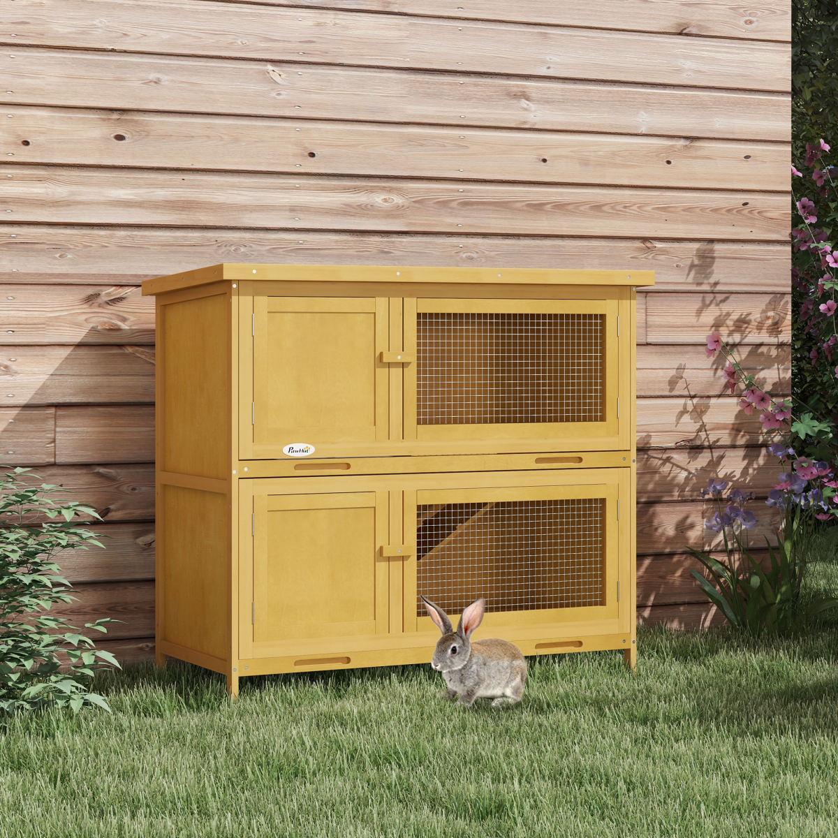 PawHut Double Decker Wooden Rabbit Hutch with Ramp, Trays and Asphalt Roof – Outdoor Bunny Cage, Yellow