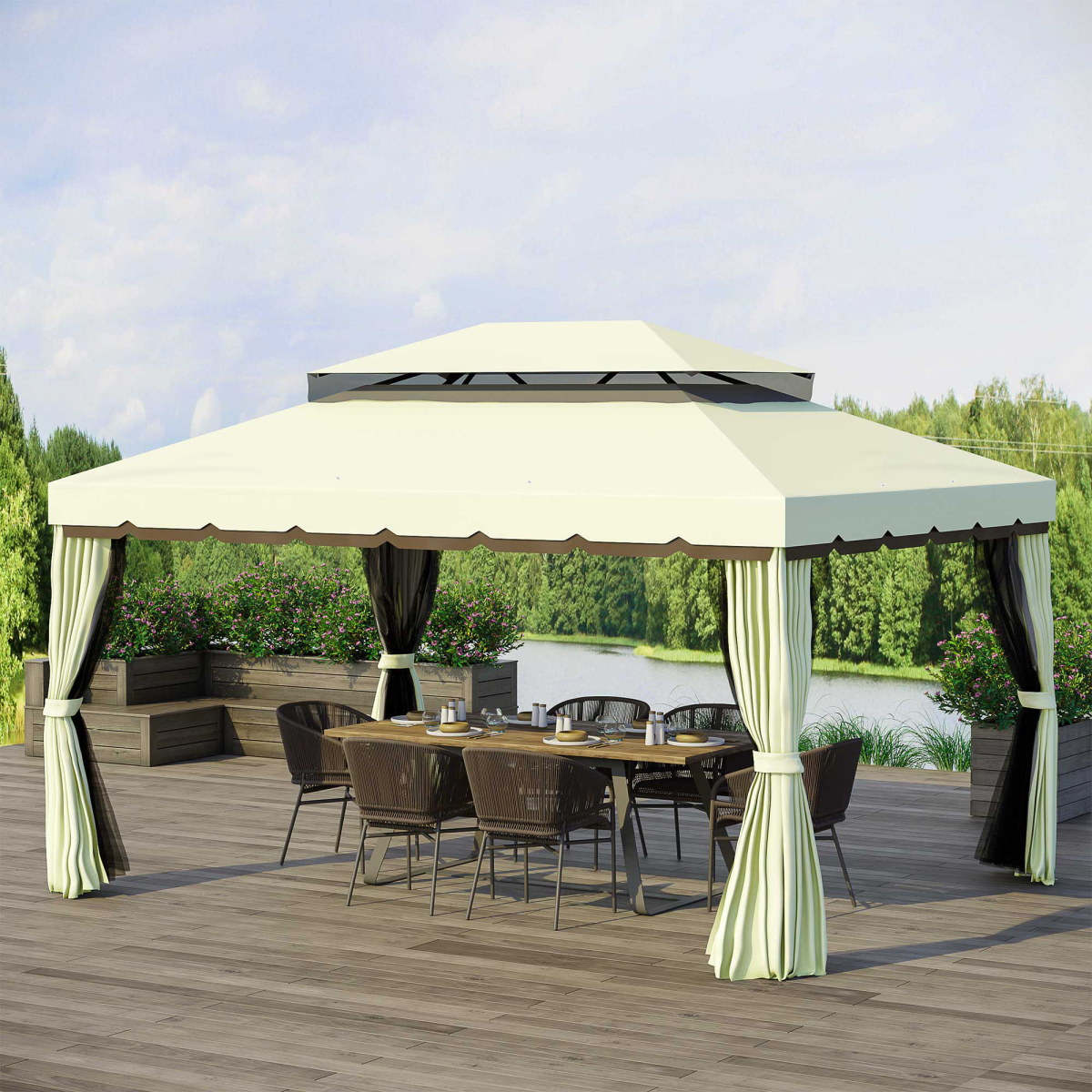 Outsunny 3m x 4m Vented Aluminium Frame Gazebo with Mesh Netting & Curtain Sidewalls – Garden Party Shelter, Cream White