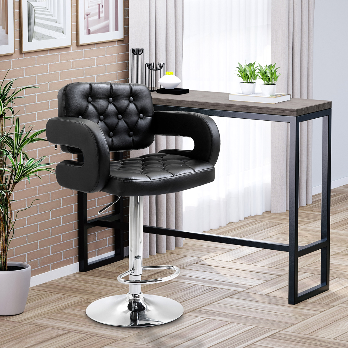 HOMCOM Adjustable Height Swivel Bar Stool with High Back, Arms and Footrest – Tufted PU Leather Kitchen Counter Chair