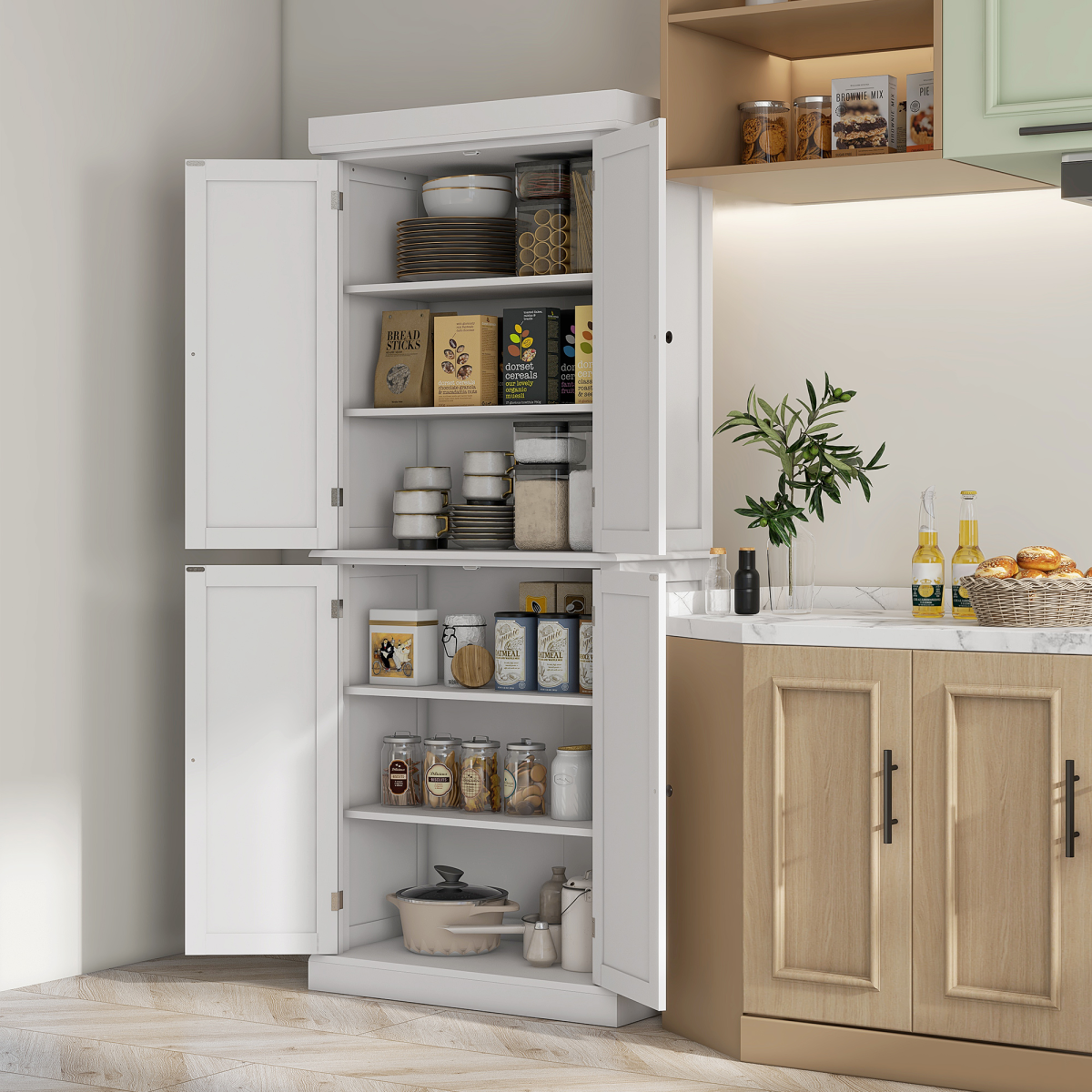 HOMCOM Freestanding Kitchen Cupboard with Six Inner Shelves, Four Adjustable – Larder Storage Cabinet, White