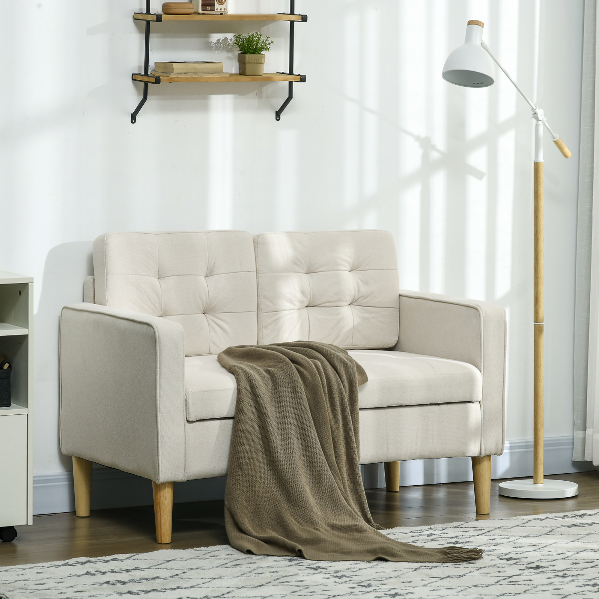 HOMCOM Cream Loveseat Sofa side view showing wood legs