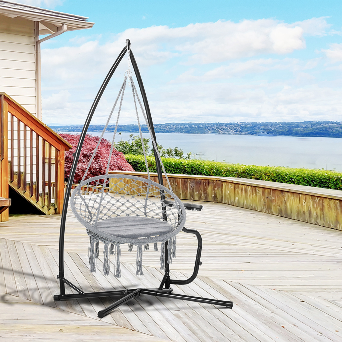 Outsunny Heavy Duty Metal C-Frame Hammock Chair Stand with Side Table – Indoor & Outdoor, Stand Only