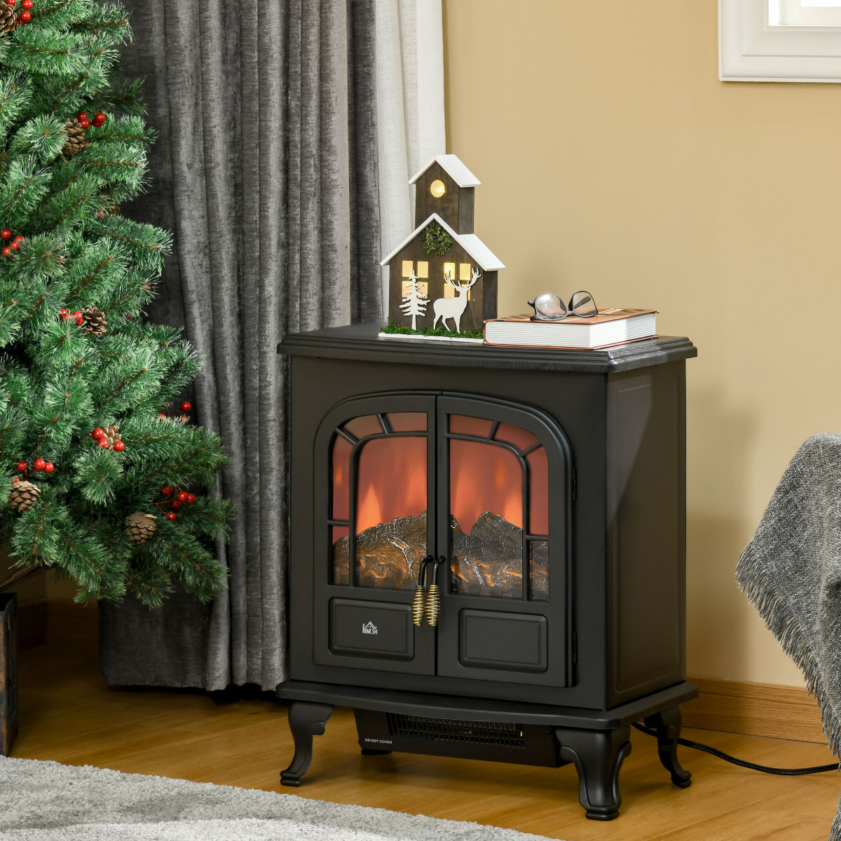 HOMCOM Freestanding Electric Fireplace with LED Flame Effect, Double Doors and 1000W/2000W Heating – Black