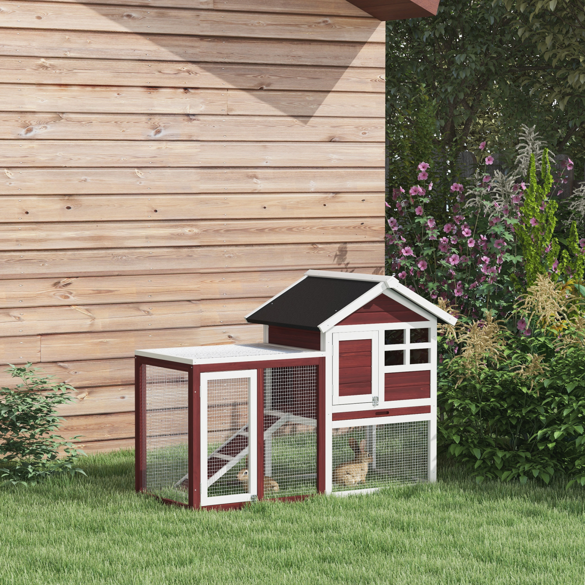Pawhut 122cm Wooden Rabbit Hutch with Ramp and Slide-Out Tray – Fir Wood Small Animal House