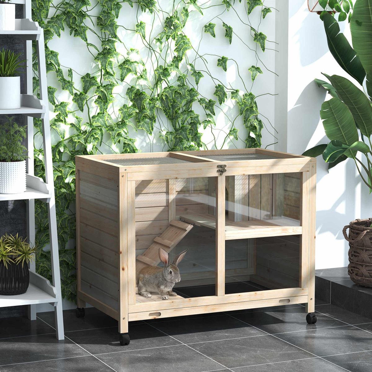 Pawhut Indoor Rabbit Hutch with Openable Roof, Pull-Out Tray & Ramp – Guinea Pig House, Natural