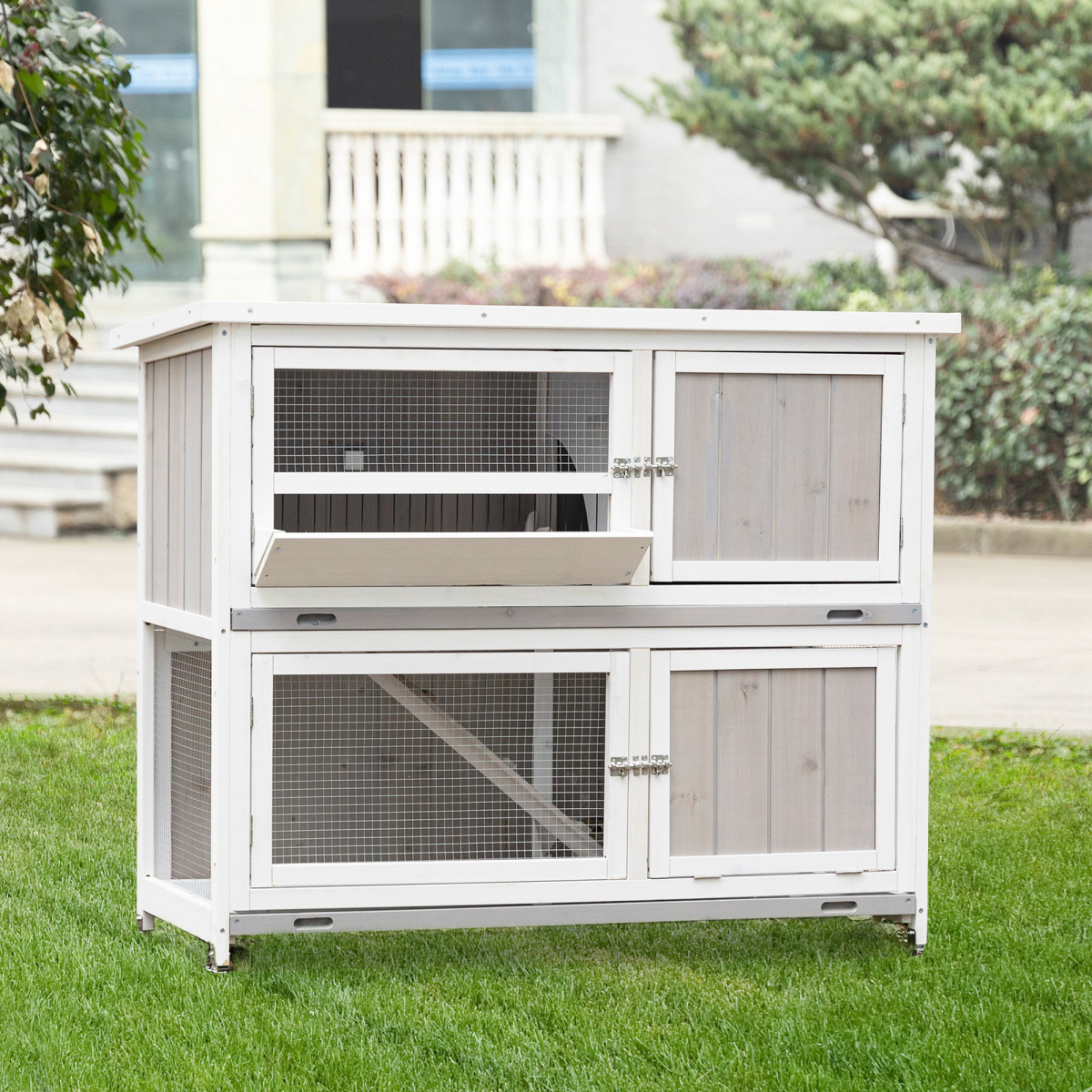 PawHut Two-Tier Wooden Rabbit Hutch with Ramp, Wheels, Trough & Rain Cover – Outdoor Pet House, Grey