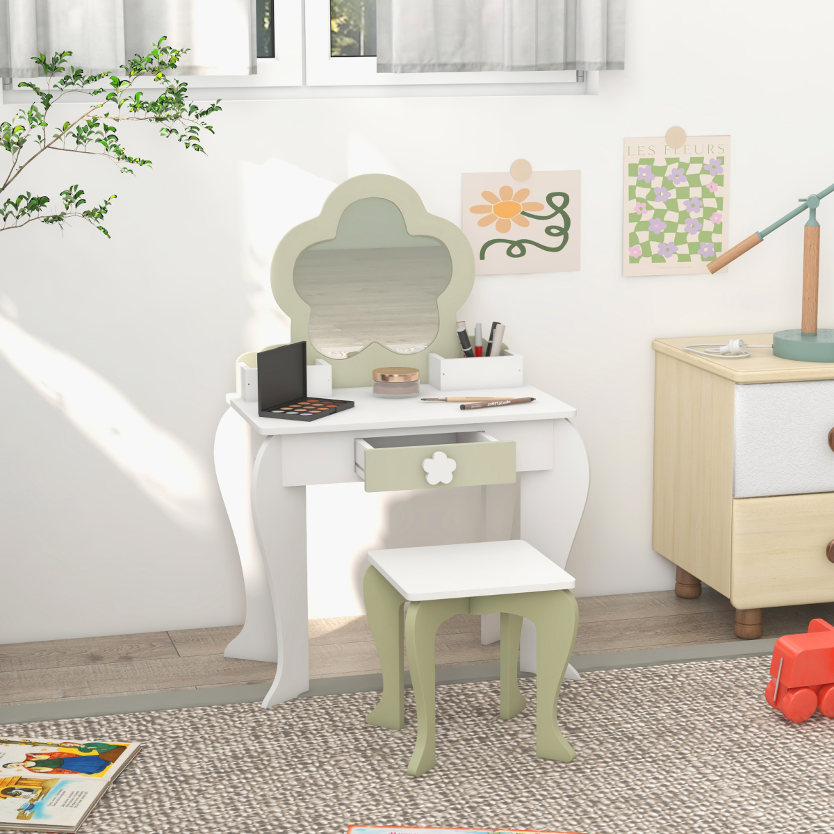 ZONEKIZ Kids Vanity Table Set with Stool, Mirror & Drawer, Flower Design – Girls Dressing Table, White