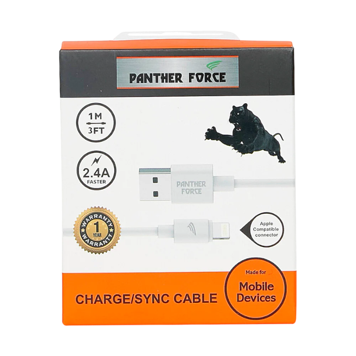 Panther Force USB to 8 Pin 1M Fast Charging & Sync Cable – Tangle-Free Lead for iPhone, Black