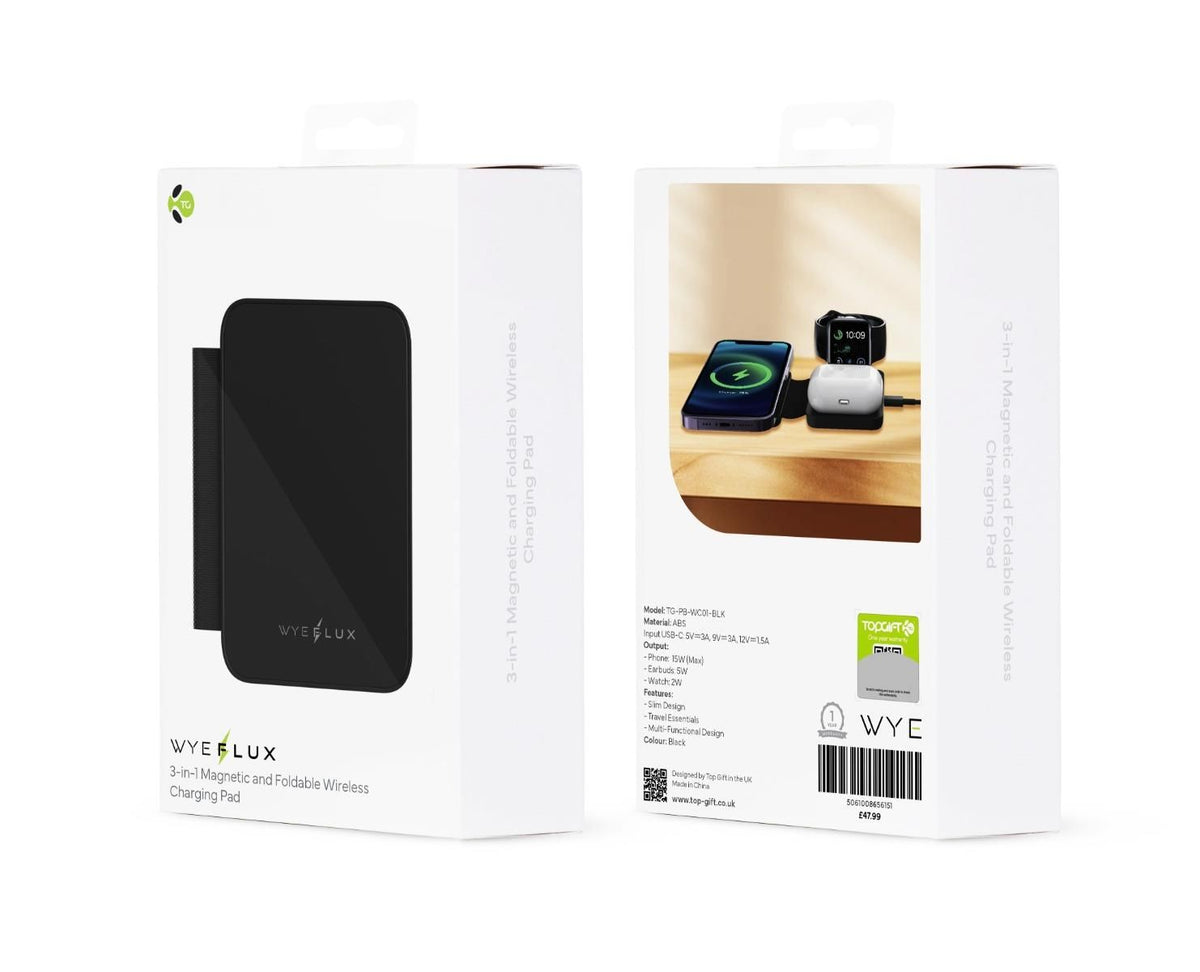 WYEFLUX 3-in-1 Magnetic Foldable Wireless Charging Pad – Travel Charger for Phone, Earbuds & Watch, Black