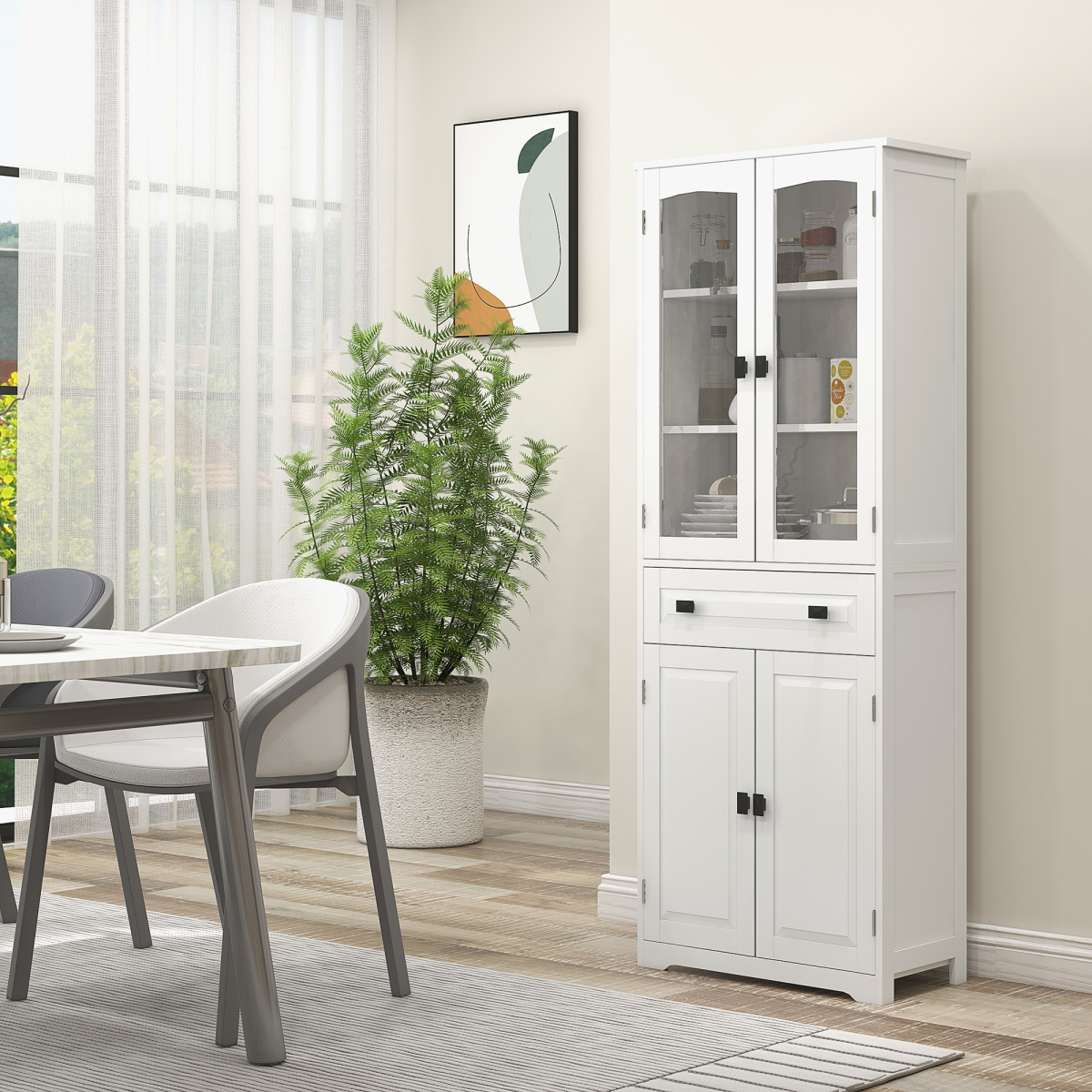 HOMCOM 160cm Kitchen Cupboard Storage Cabinet with Glass Door, Drawer & Adjustable Shelves – Pantry Unit