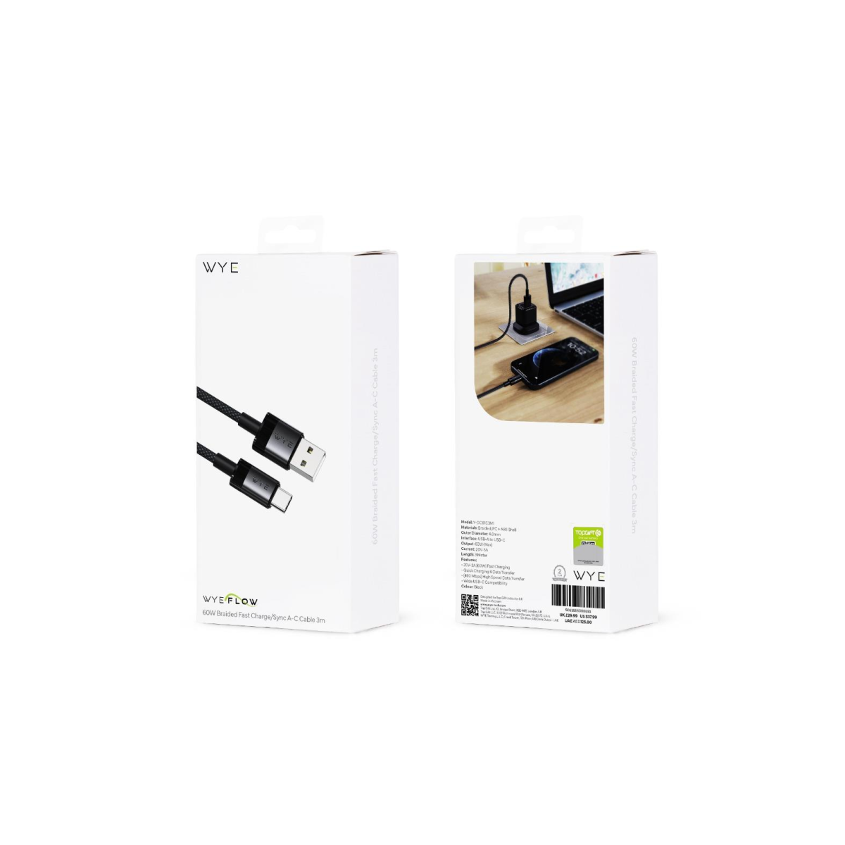 WYE 60W Braided USB-A to USB-C Fast Charge and Sync Cable, 3m – Quick Charging and Data Transfer, Black