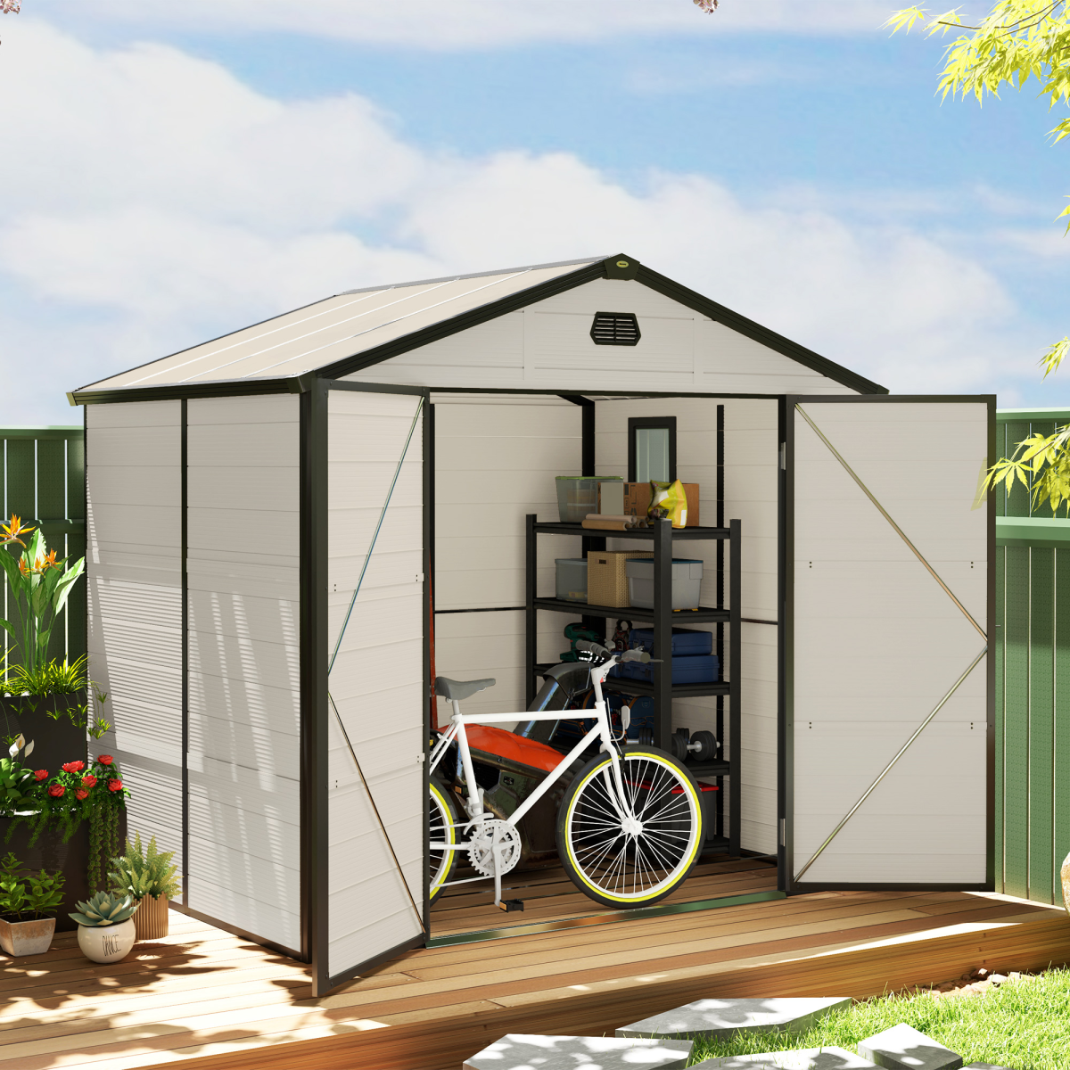 Outsunny 8 x 6ft Garden Shed with Foundation Kit, Vents and Lockable Door – Aluminium Frame, Cream White