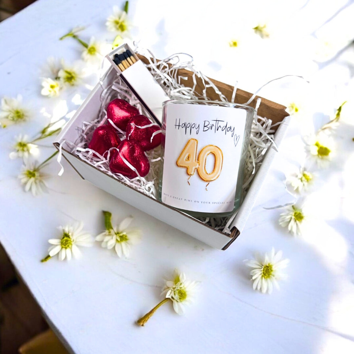 Aye Do Gifts 40th Birthday Gold Balloons Candle Gift Set with Chocolates & Matches – Linen Scented Gift