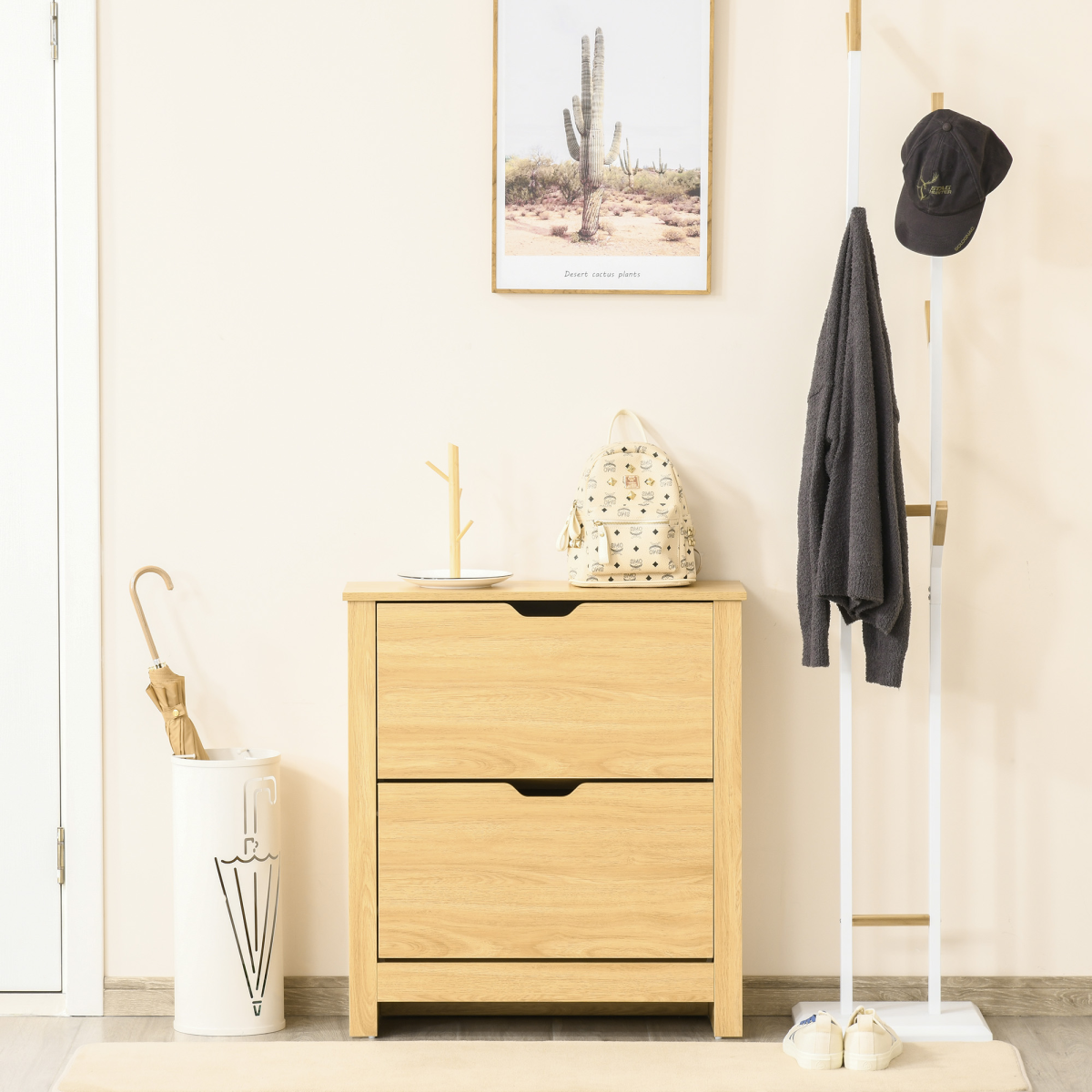 12-Pair Shoe Storage Cabinet with 2 Pull-Out Drawers & Tabletop, Oak Effect, 80 x 72 x 26cm