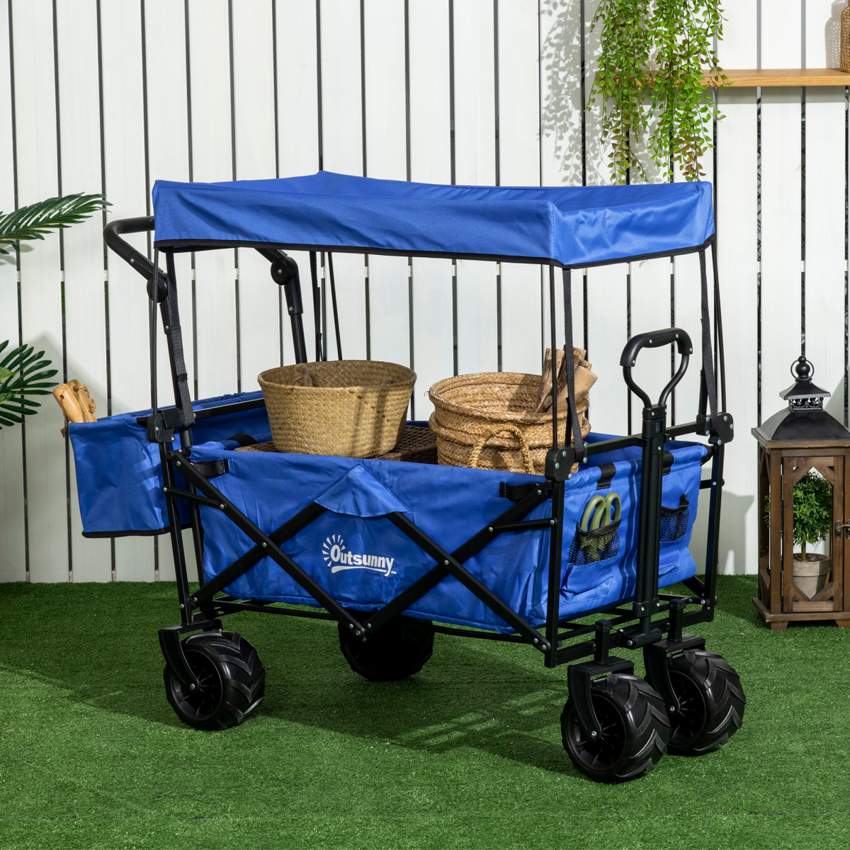 Outsunny Folding Trolley Cart with 4 Wheels, 2 Compartments, Canopy & Telescopic Handle – Garden Storage Wagon, Blue