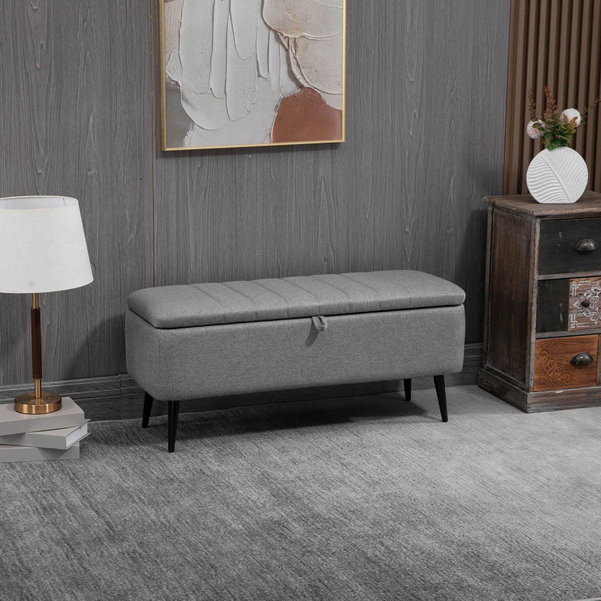 HOMCOM Linen Fabric Storage Ottoman Bench with Steel Legs – Footstool & Seat, Grey