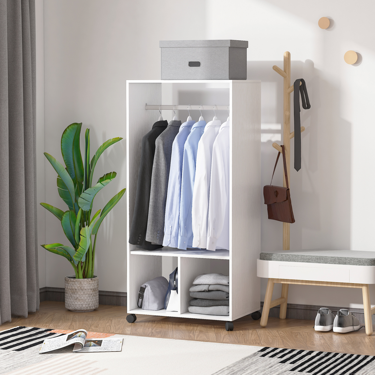 Open Wardrobe Clothes Rail with Hanging Rod, Shelves and 4 Lockable Wheels – Bedroom Storage, White
