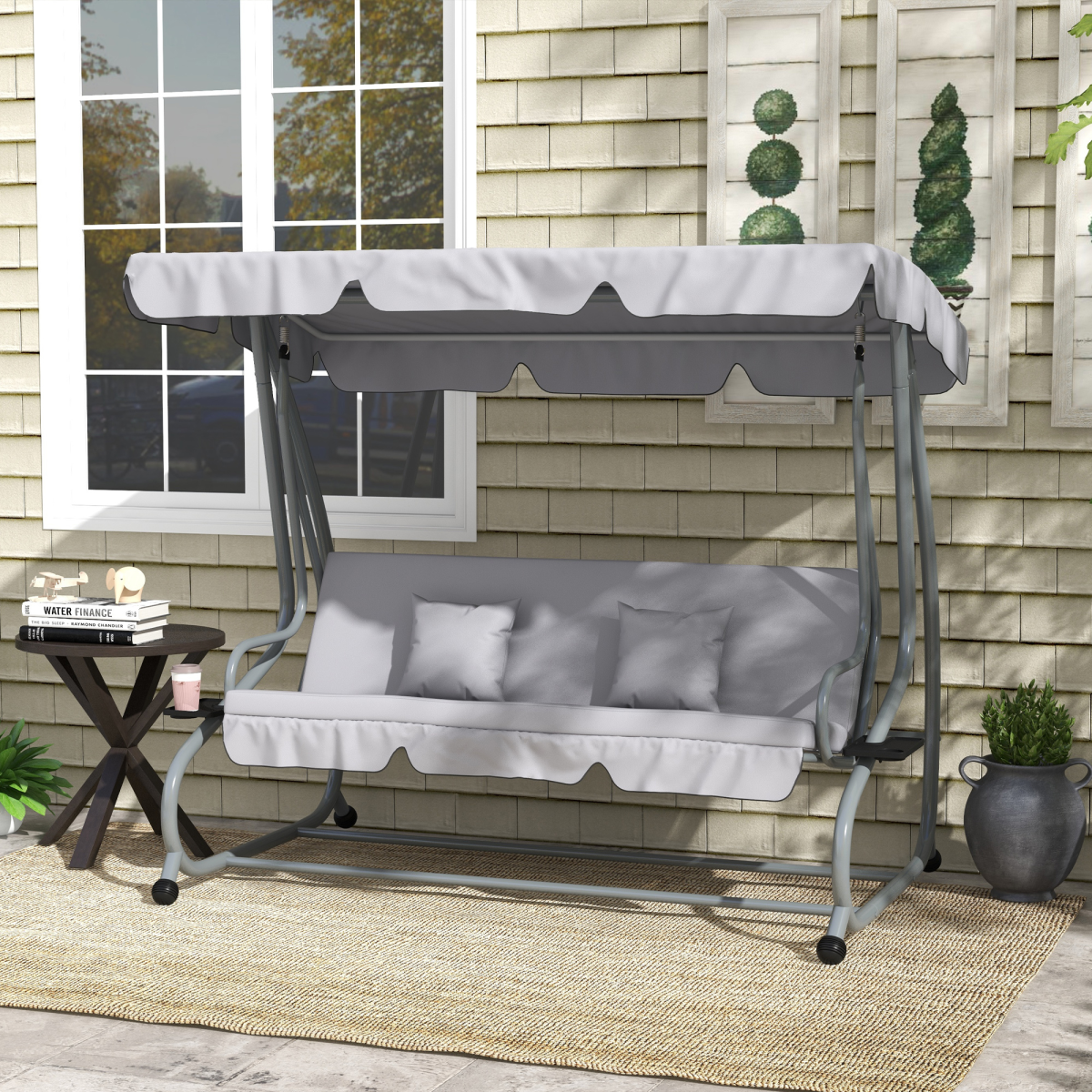 Outsunny 2-in-1 3-Seater Garden Swing Chair with Adjustable Canopy, Side Trays & Pillows – Converts to Bed, Grey