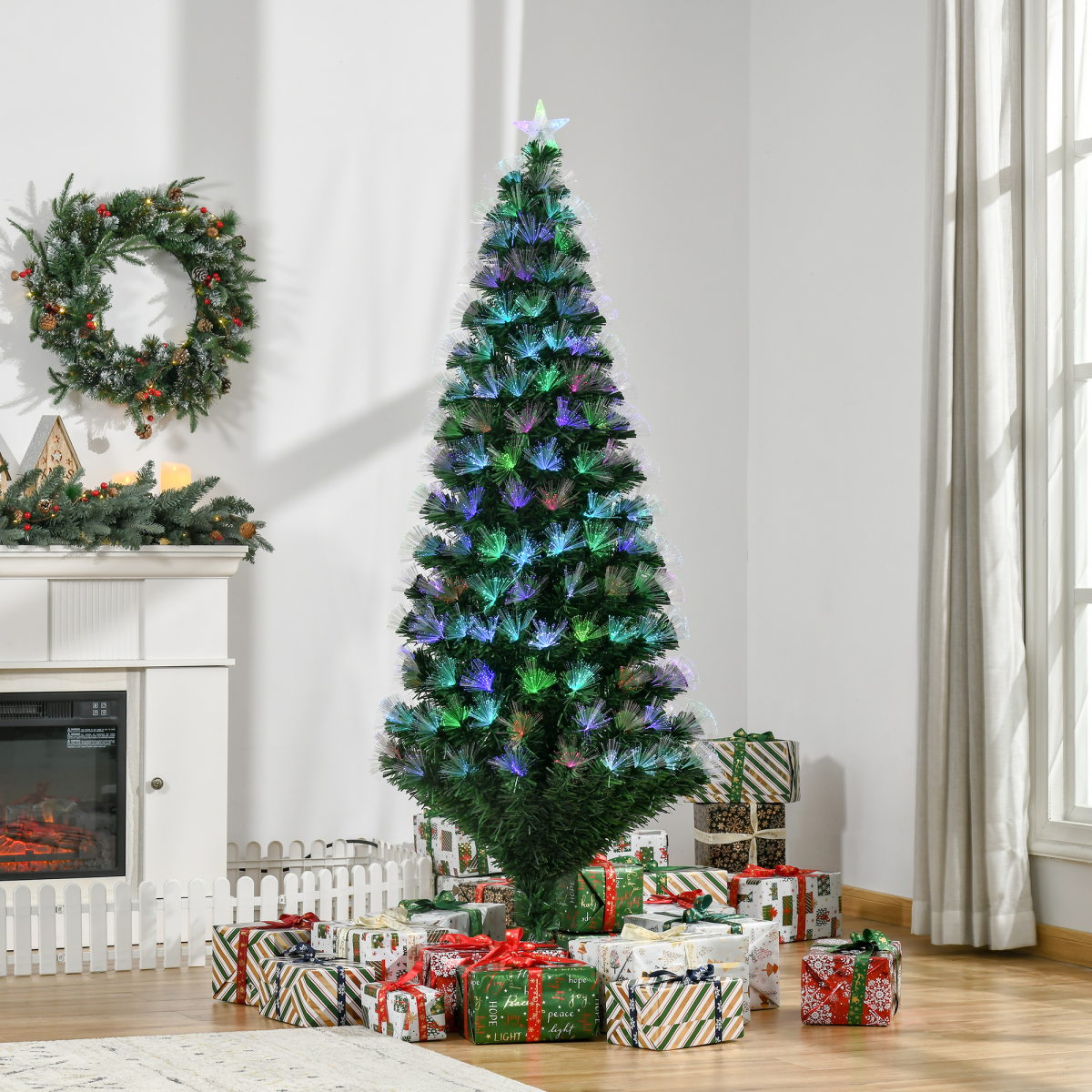 HOMCOM 6ft Multicoloured Artificial Christmas Tree with 230 Fibre Optic LED Lights and Star Holder – Metal Base