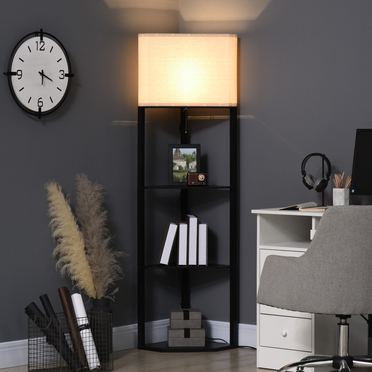 Modern Triangle Corner Floor Lamp with Built-In Display Shelves – Space-Saving Lighting