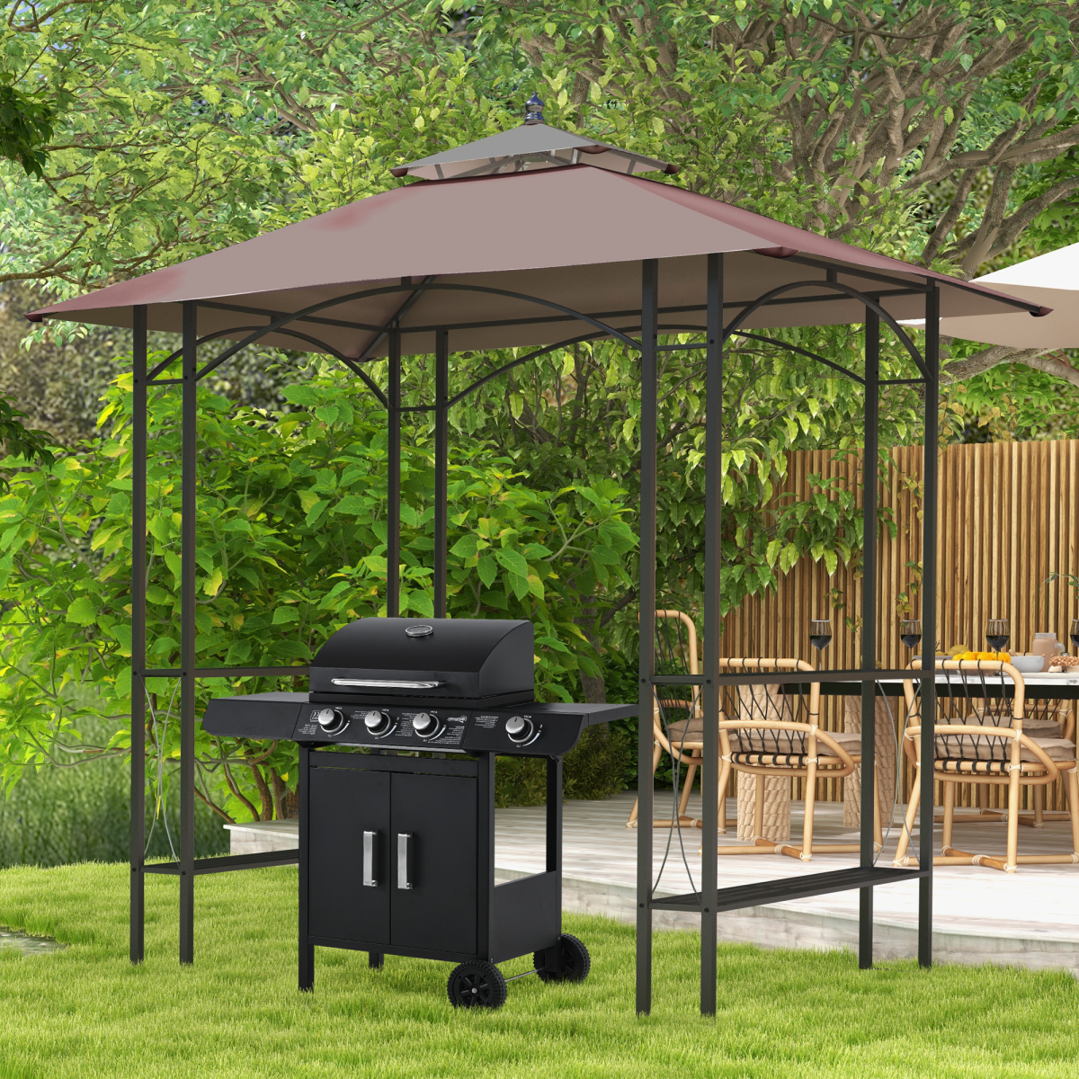 Outsunny 2.5 x 1.5m BBQ Gazebo Canopy with 2 Side Tables & Flame-Resistant Top – Patio Sun Shelter