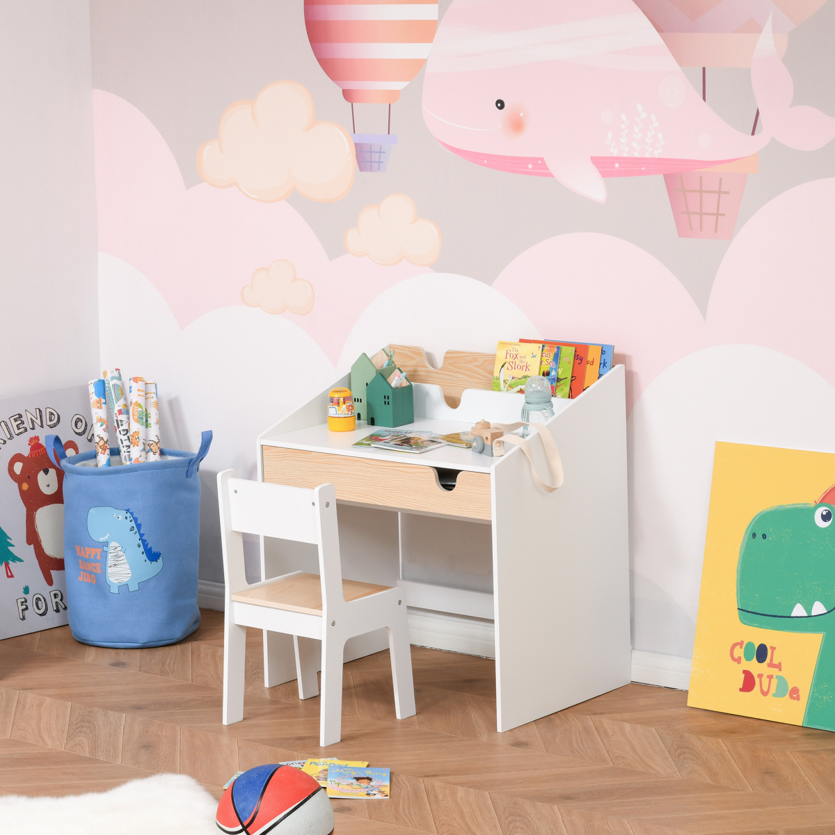 Two-Piece Kids Desk and Chair Set with Drawer and Shelf – MDF Children's Study Table with Storage for Ages 3–6