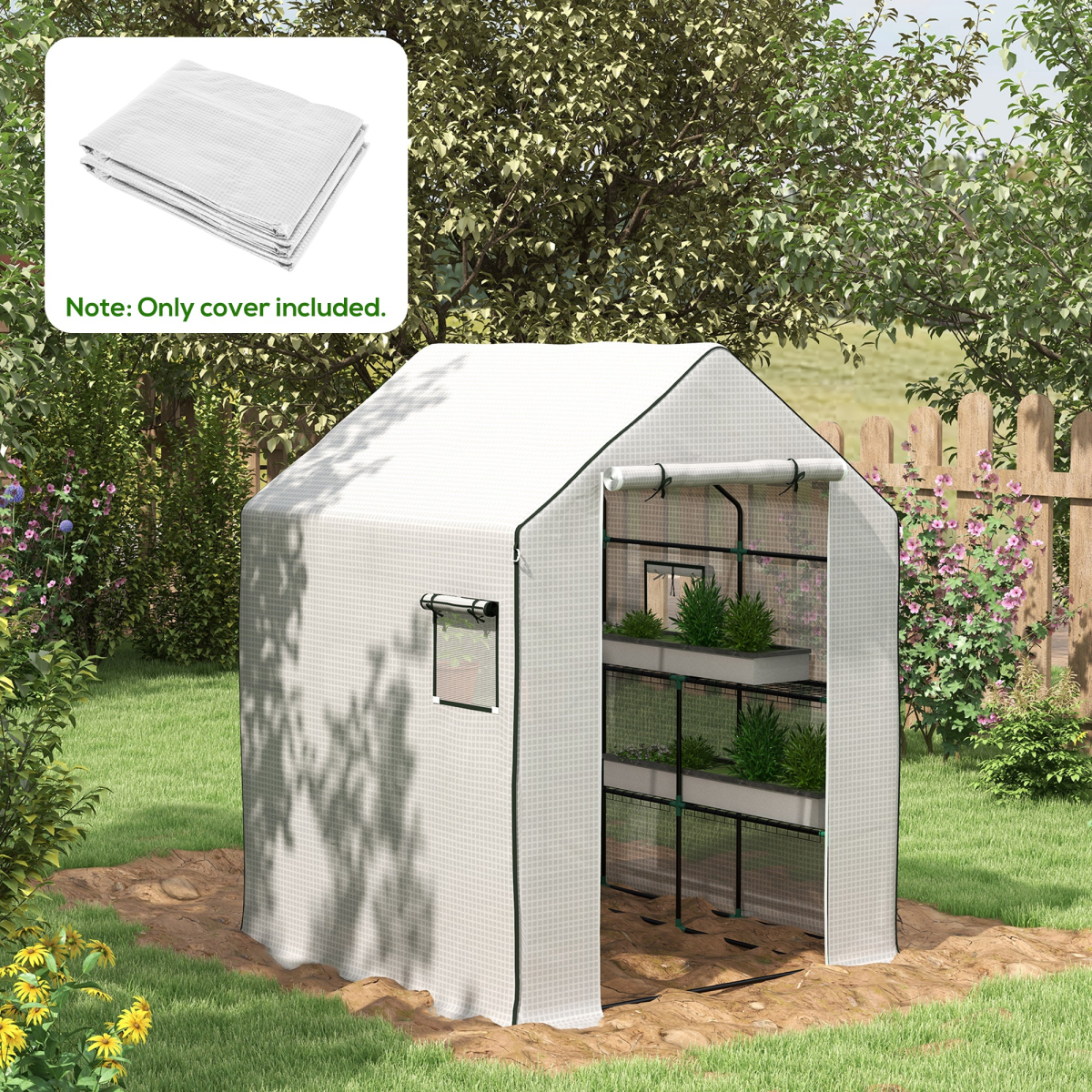 Outsunny Walk-in Greenhouse Replacement Cover with Roll-up Door & Mesh Windows – PE Cover Only, White