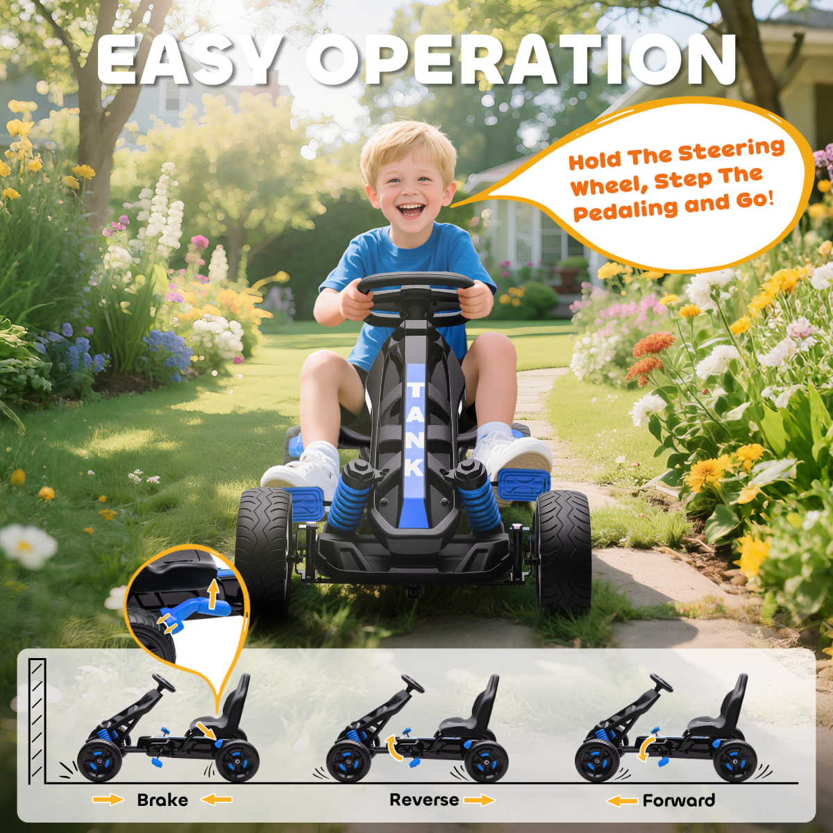 Kids Pedal Go-Kart with Freewheel, Forward, Reverse & Brake Controls and Cup Holder – Outdoor Ride-On, Blue