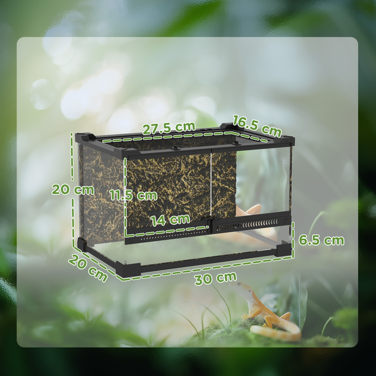 Reptile Glass Terrarium with Rock Background, Ventilated Lid & Waterproof Base – 10L Habitat, Black