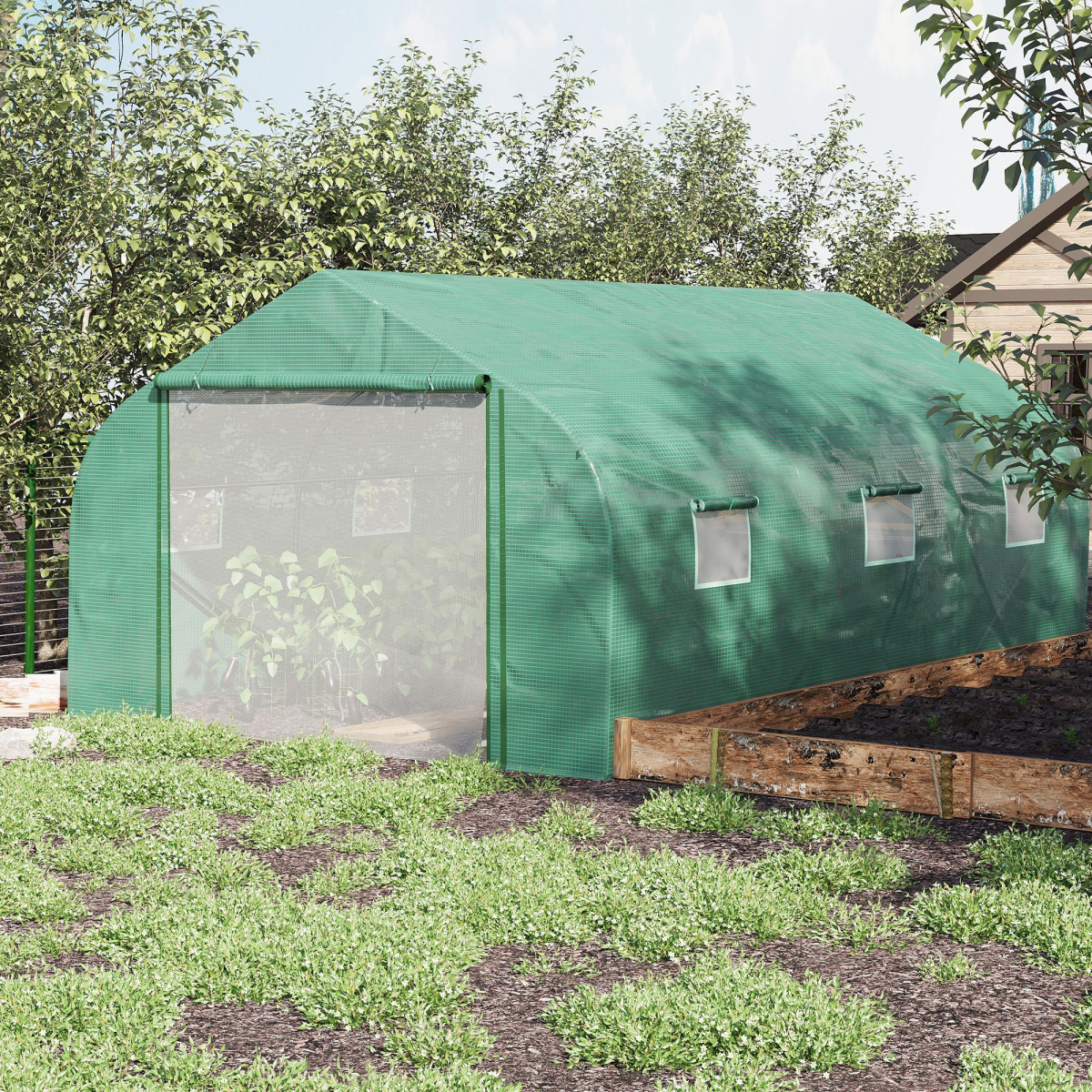 Outsunny 4.47 x 3 x 2m Walk-in Polytunnel Greenhouse with PE Cover, Zipped Door & 6 Mesh Windows, Green