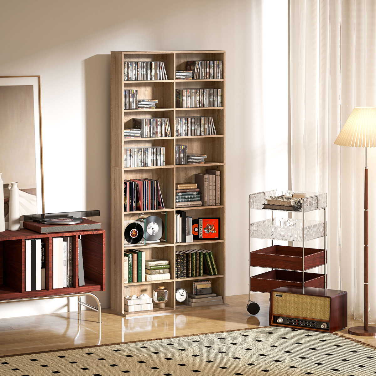 HOMCOM CD & DVD Storage Tower with 18 Compartments – Holds 640 CDs or 360 DVDs, Natural Wood Finish