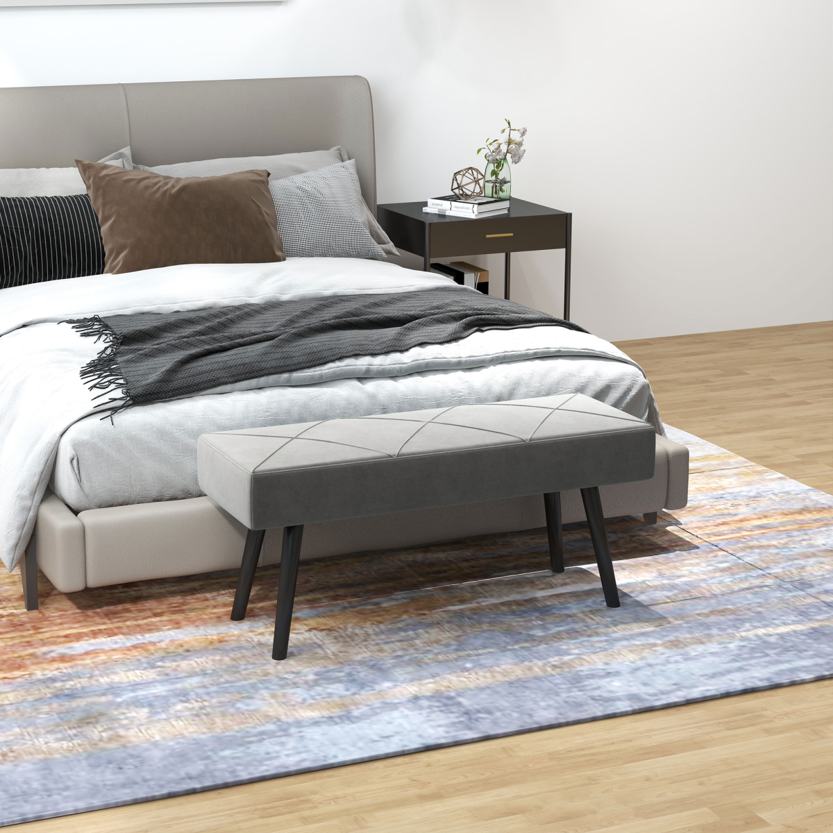 HOMCOM Velvet-Feel End of Bed Bench with Steel Legs – Upholstered Bedroom, Hallway or Window Seat, Grey
