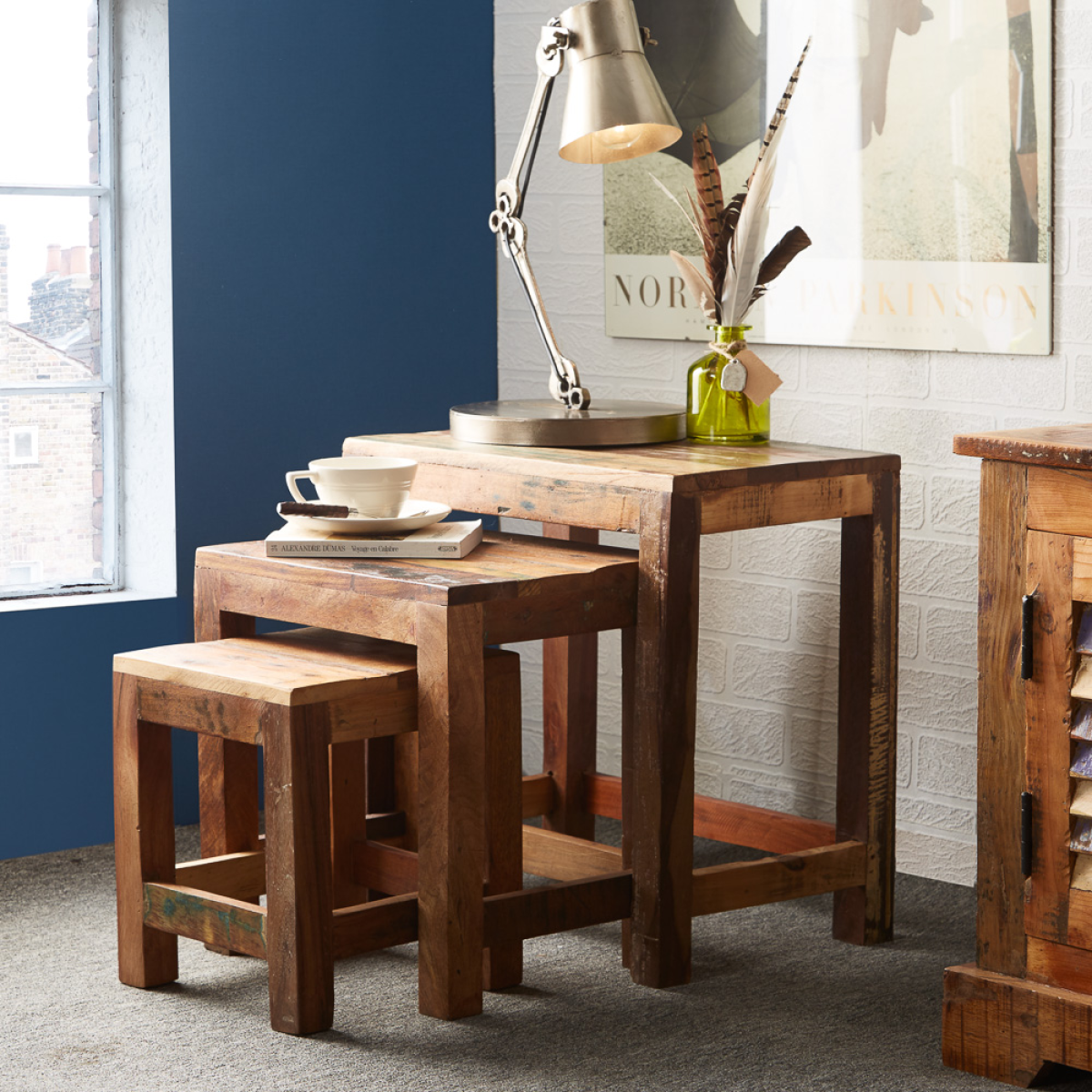 Indian Hub Coastal Nest of 3 Tables in Solid Reclaimed Wood – Hand Finished, Fully Assembled