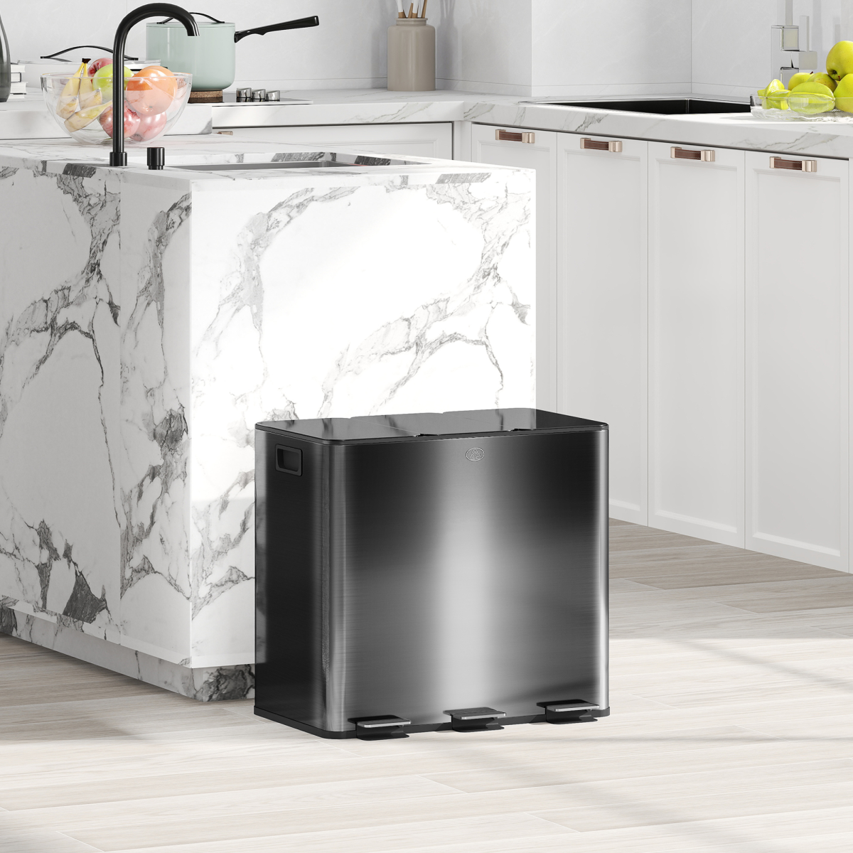 HOMCOM 3 x 15L Triple Recycling Pedal Bin with Removable Buckets – Stainless Steel Finish Kitchen Bin, Black