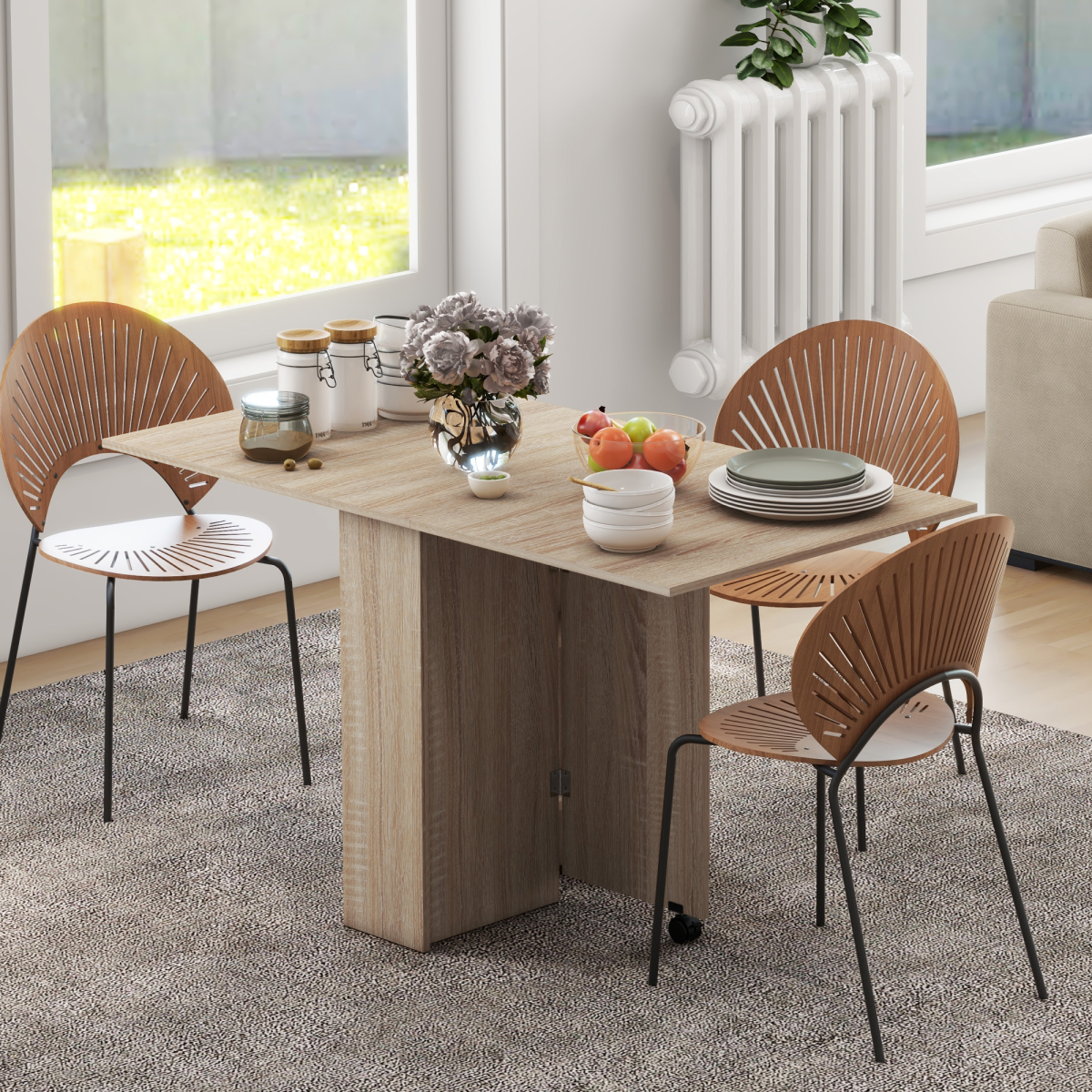 Mobile Drop-Leaf Kitchen Table with Shelves & Wheels – Extendable Dining Table for Small Spaces
