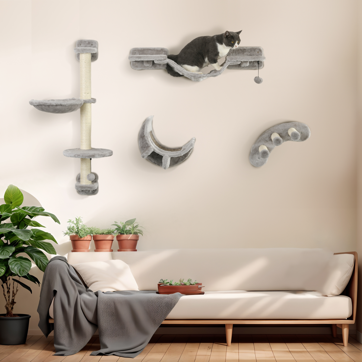 PawHut 4-Piece Wall-Mounted Cat Furniture Set with Hammock, Ladder & Platforms – Cat Climbing Shelves, Grey