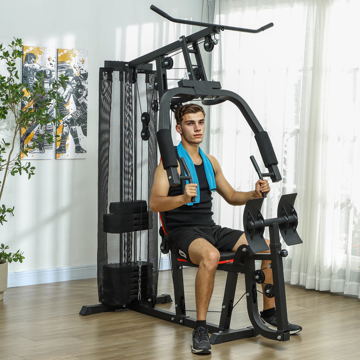 SPORTNOW Compact Multi Gym with 45kg Weight Stack, High Pulley, Chest Station & Leg Press – Home Gym Machine, Black